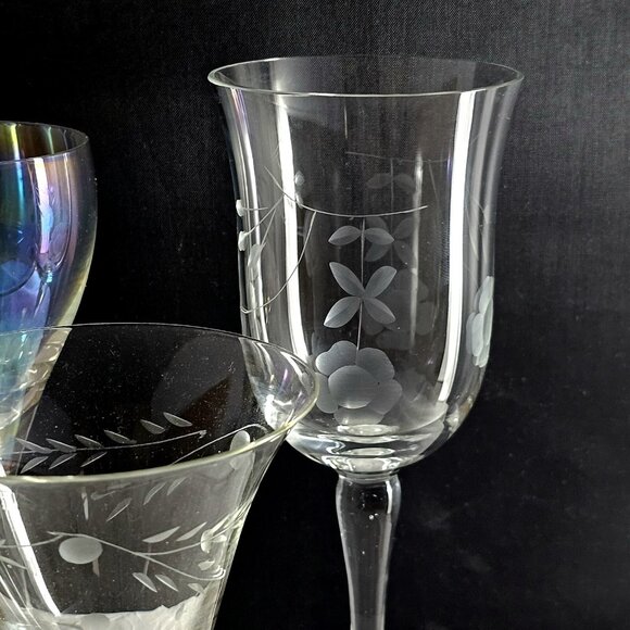 4 Mismatched Cordials Cocktail Glasses vtg mixed etched cut iridescent party - Picture 5 of 11
